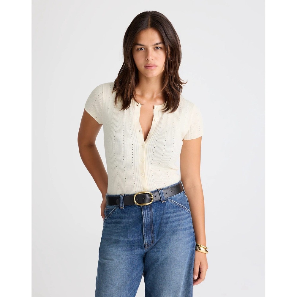 Madewell Cotton-Blend Pointelle Short-Sleeve Cardigan Vintage Ivory Medium NWT